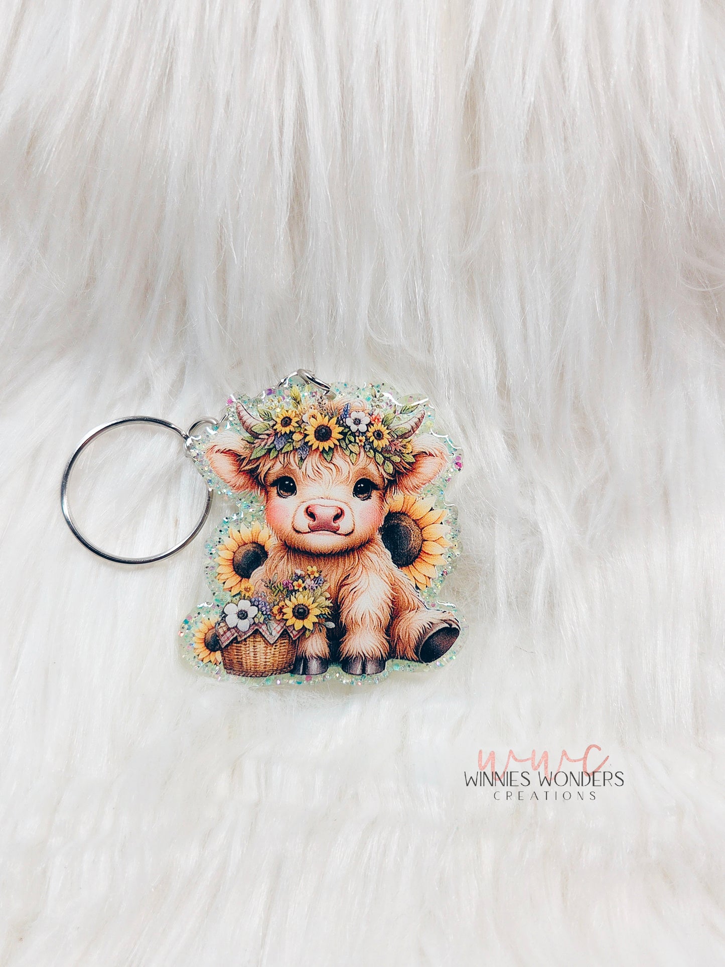 Sunflower Highland Cow Keychain
