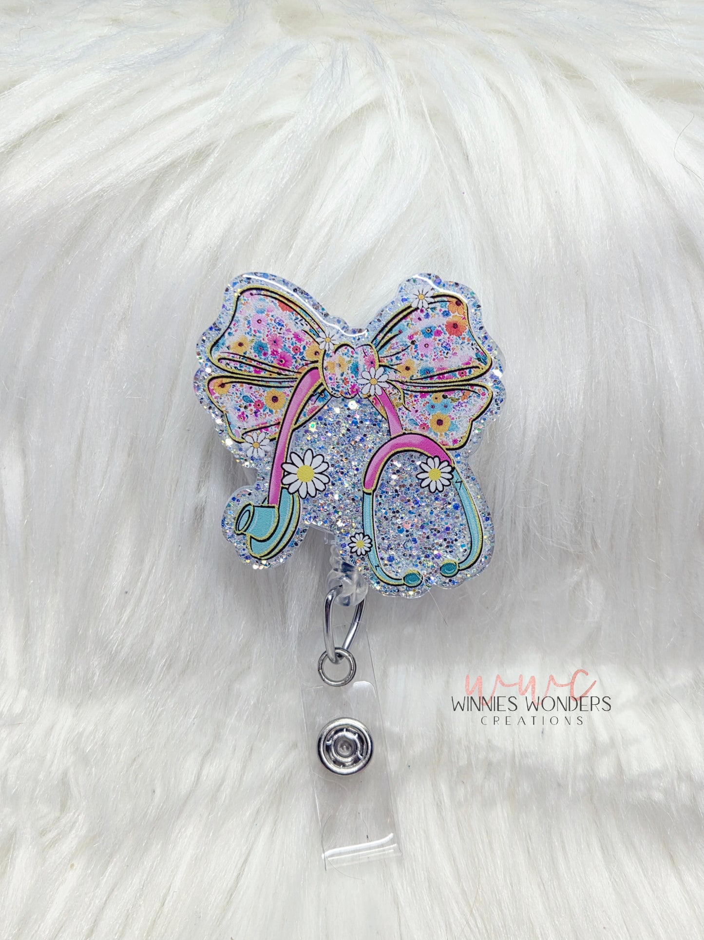 Bow Stethoscope Floral Badge Reel