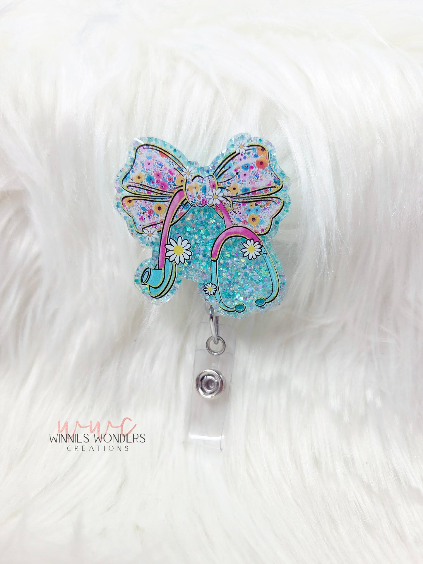 Bow Stethoscope Floral Badge Reel