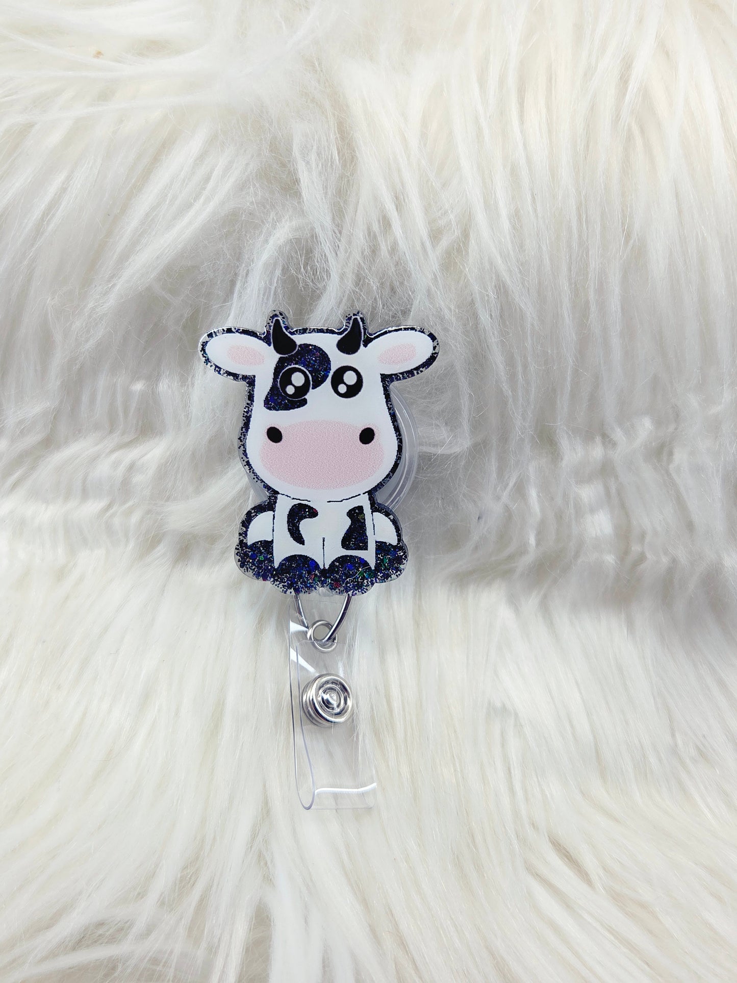 Cow Black Glitter Badge Reel