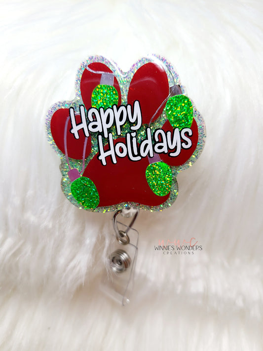 Happy Holidays Paw Badge Reel