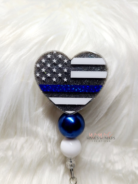 Blue Line Flag Heart Badge Reel