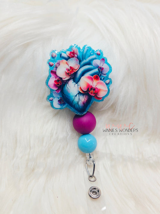Orchid Floral Anatomical Heart Badge Reel