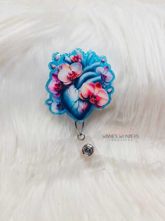 Orchid Floral Anatomical Heart Badge Reel