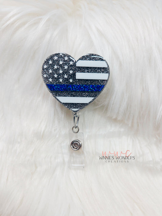 Blue Line Flag Heart Badge Reel