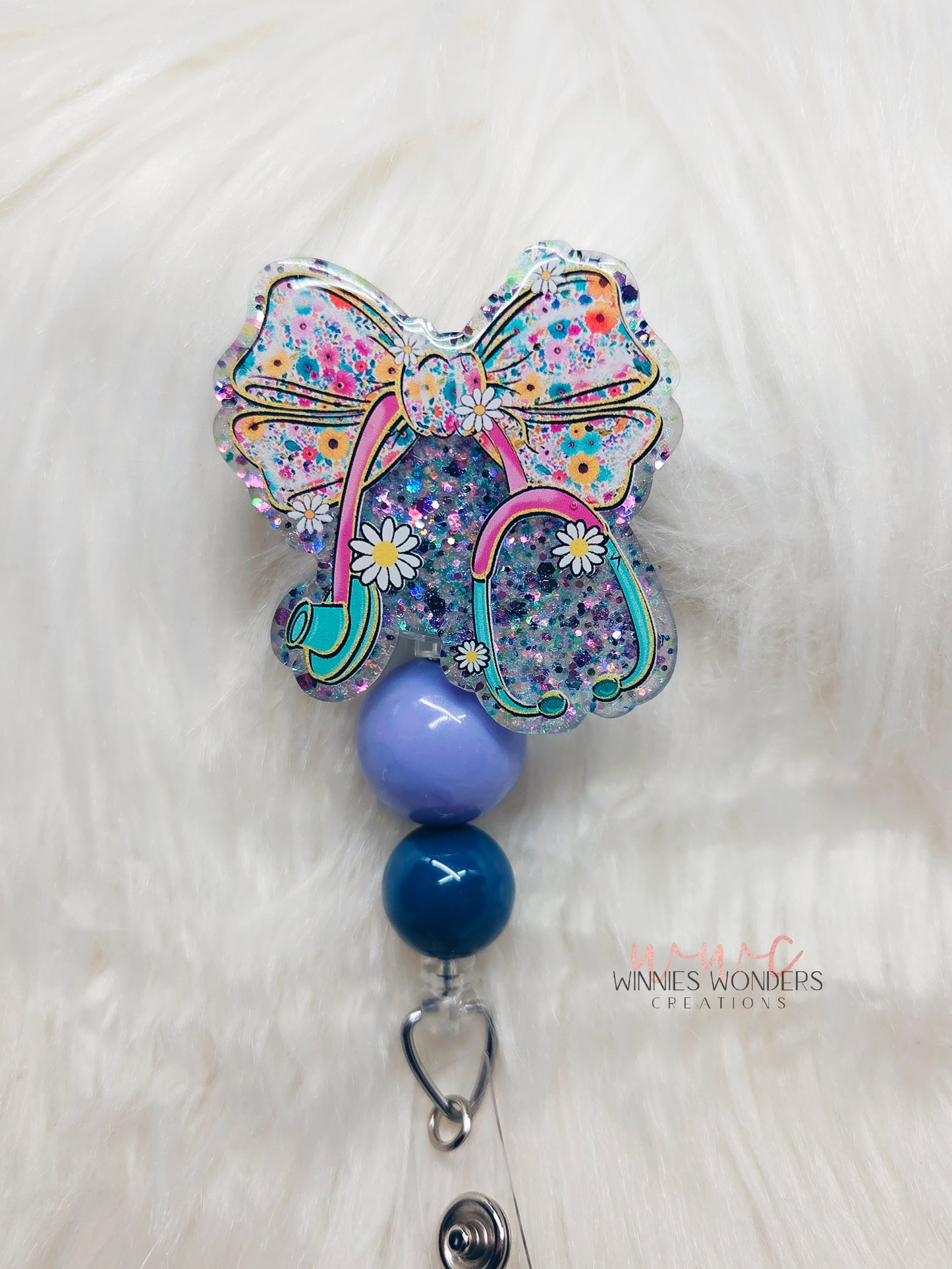 Bow Stethoscope Floral  Badge Reel