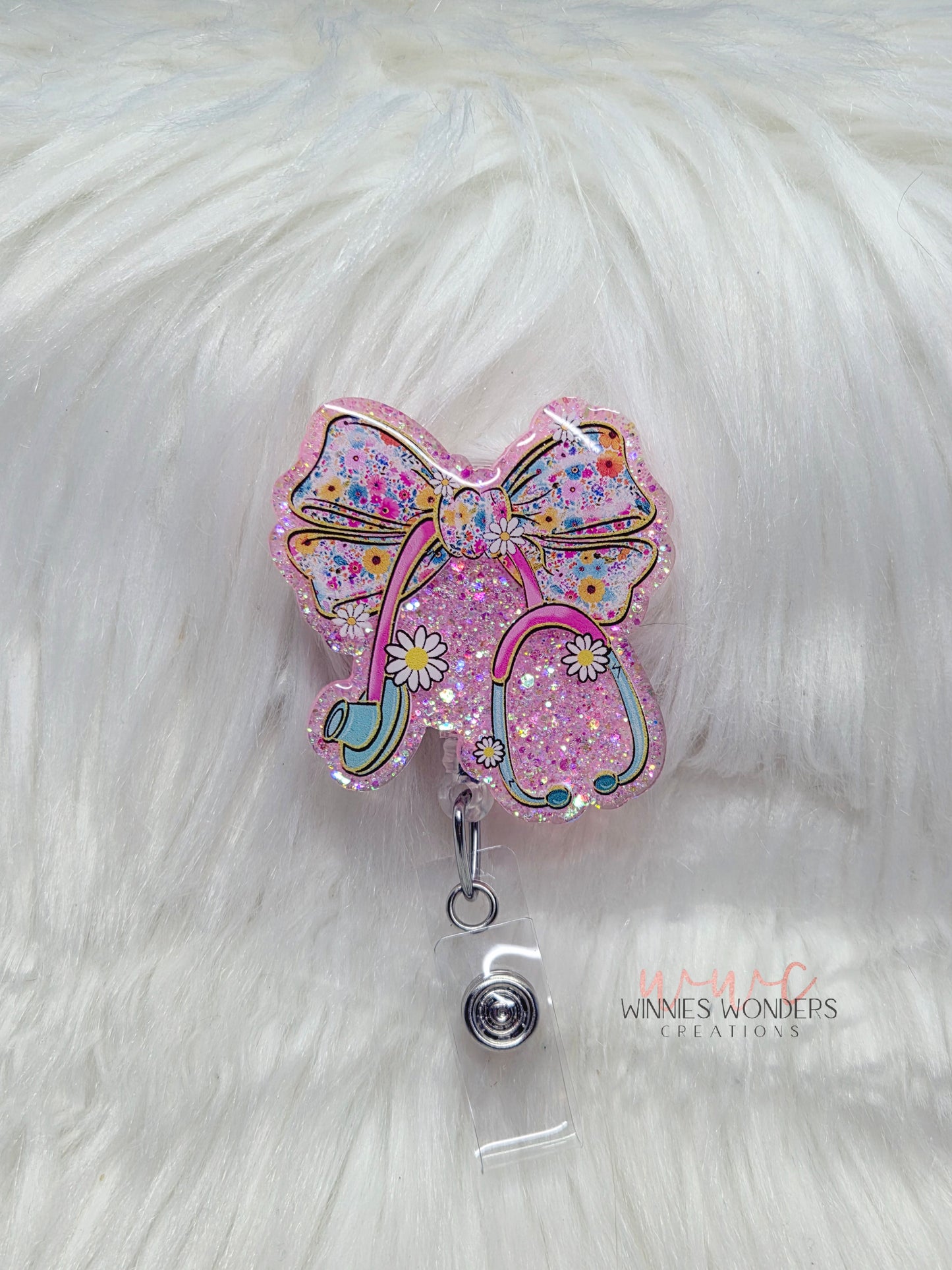 Bow Stethoscope Floral  Badge Reel