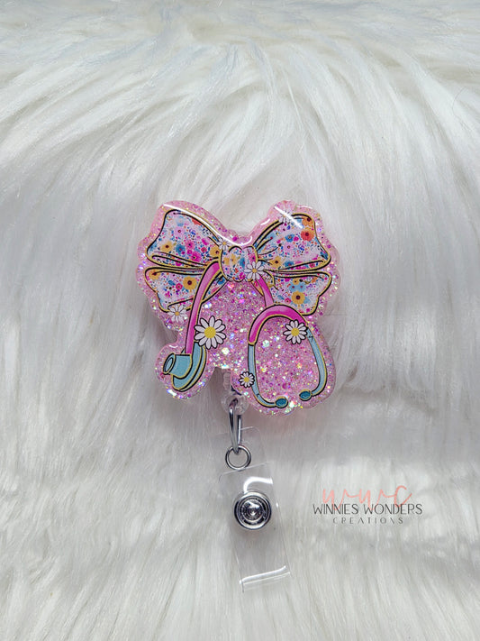 Bow Stethoscope Floral  Badge Reel