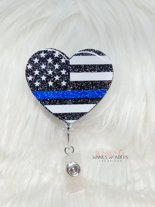 Blue Line Flag Heart Badge Reel
