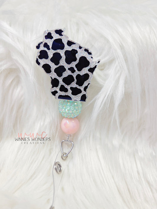 Cow Print Wisconsin Badge Reel
