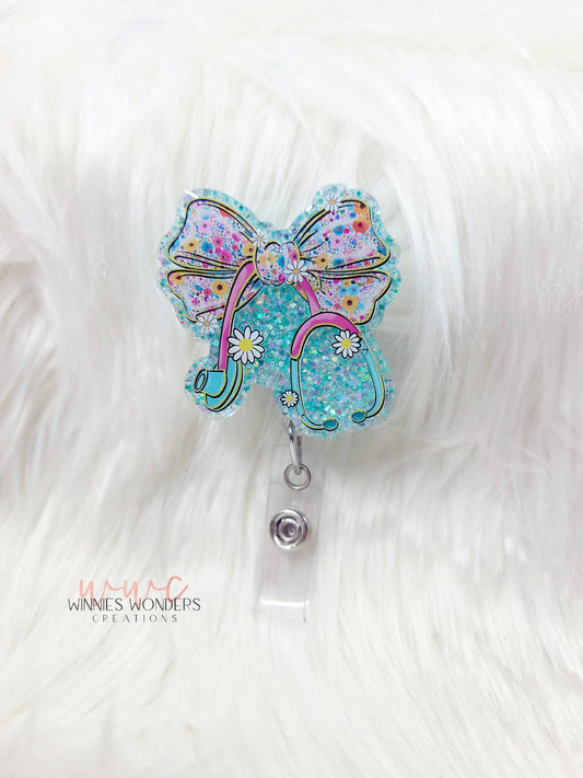 Bow Stethoscope Floral  Badge Reel