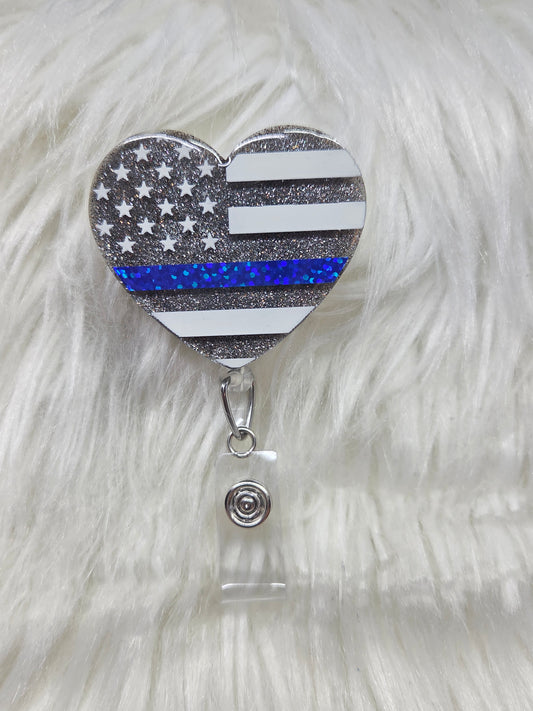 Blue Line Flag Heart Badge Reel