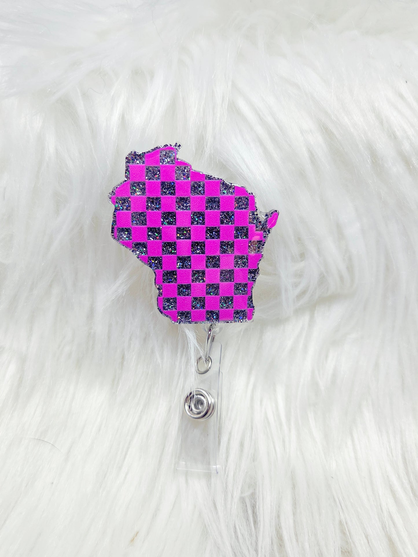 Checkard-Pink Wisconsin Badge Reel
