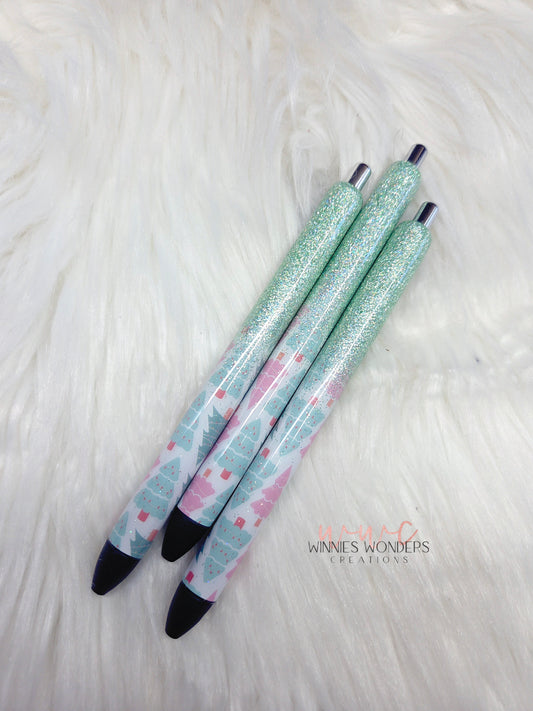 Green Xmas Trees Glitter Pens