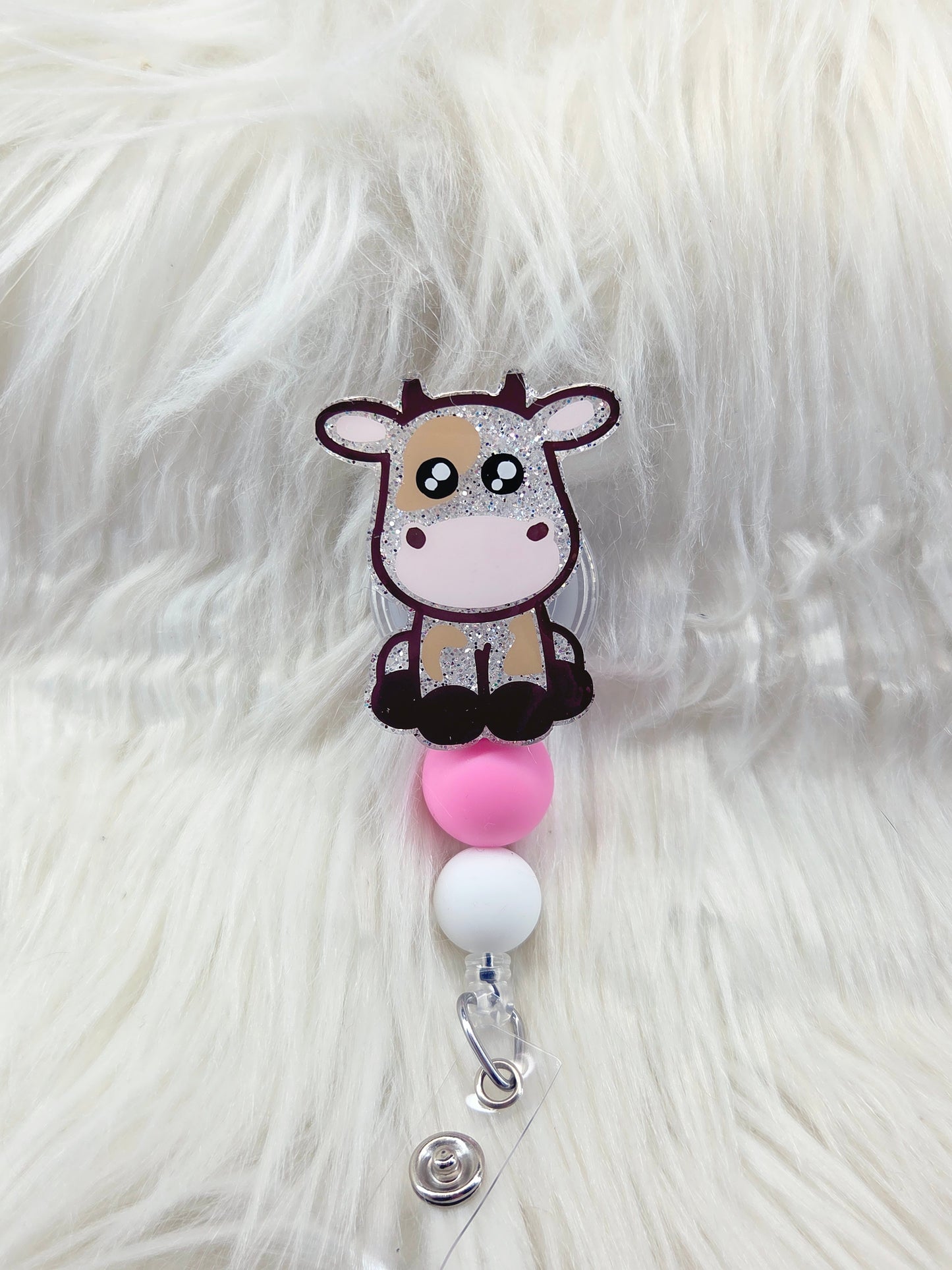 Cow Brown/White Glitter Badge Reel