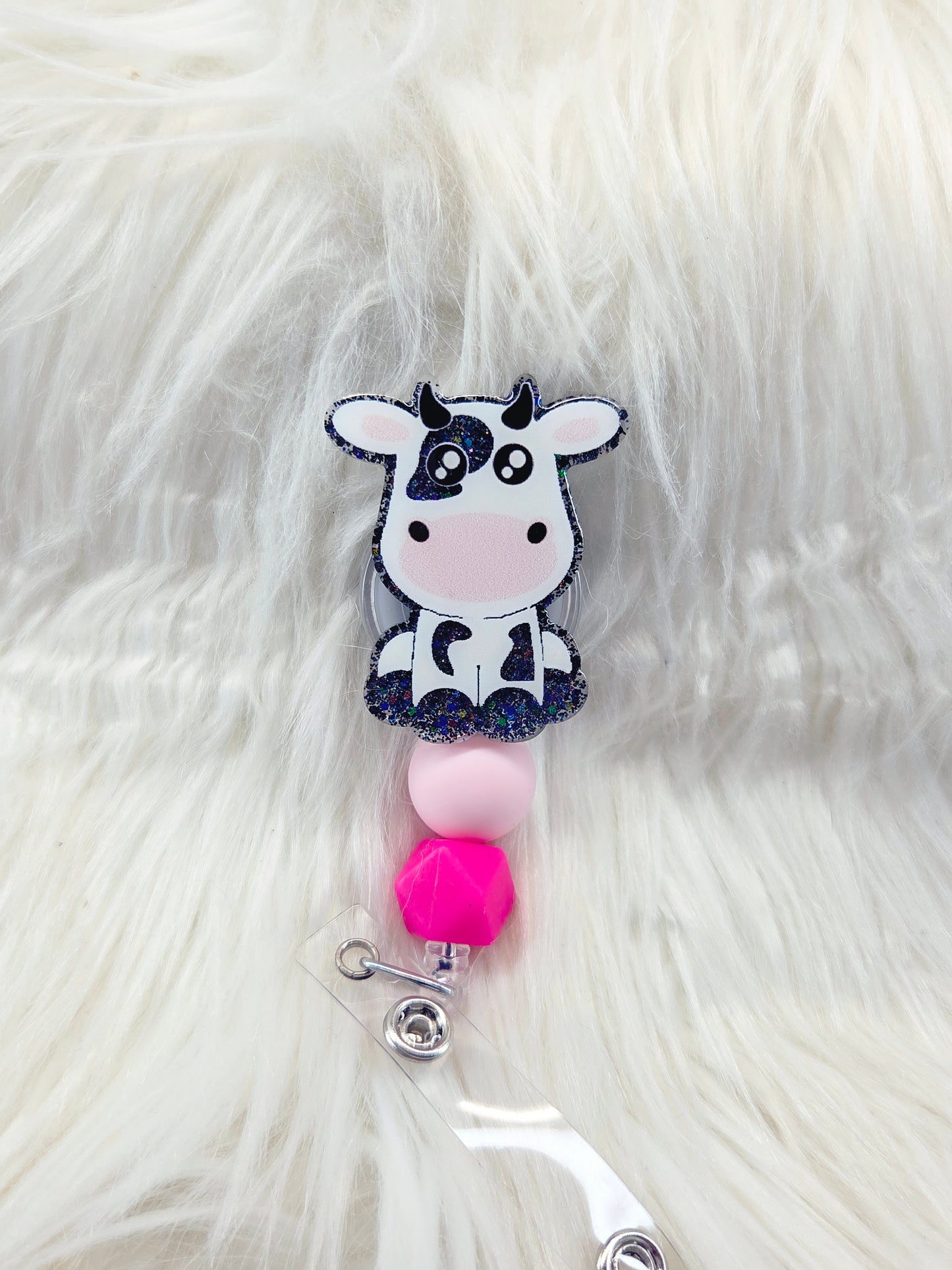Cow Black Glitter Badge Reel