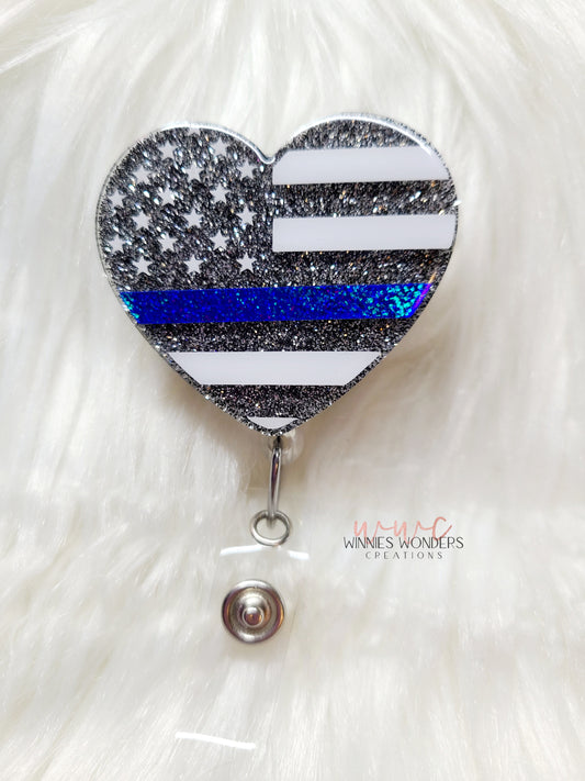 Blue Line Flag Heart Badge Reel
