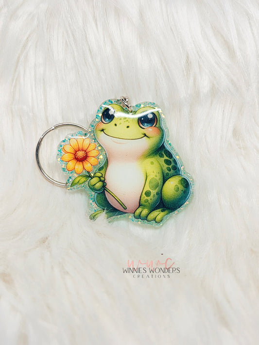 Frog Holding Sunflower Keychain