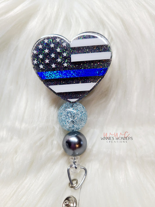 Blue Line Flag Heart Badge Reel