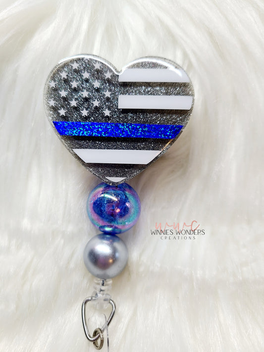 Blue Line Flag Heart Badge Reel